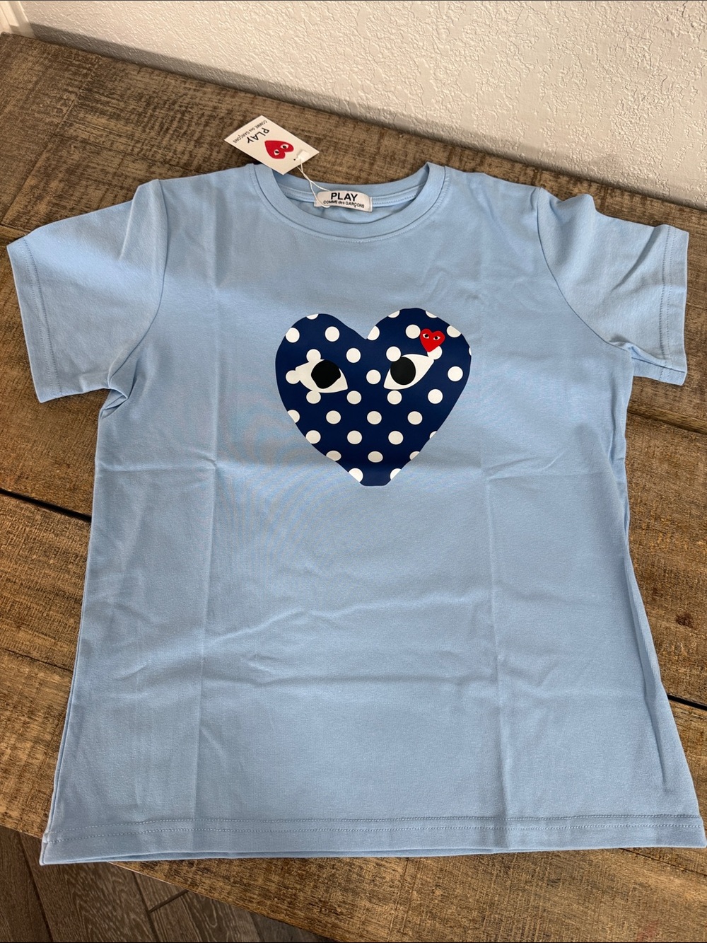 Comme des Garçons Light Blue Tee with Navy Polka-Dot Heart